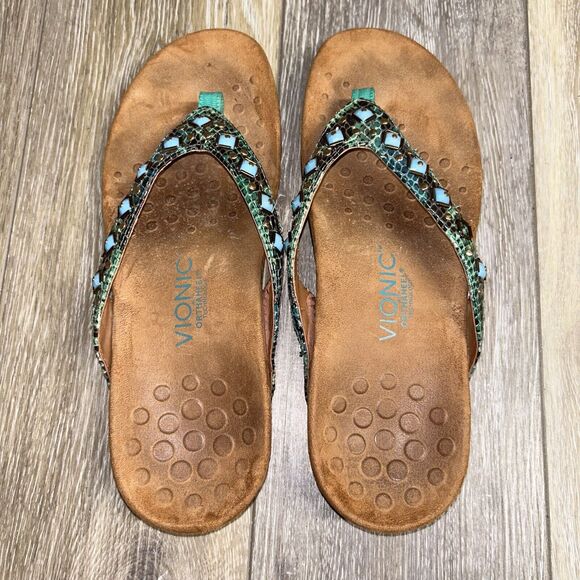Vionic 340 Floriana Toe Post Sandal Teal Green Beaded Snake Slide Womens Size 9 - Picture 9 of 11